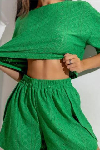Eyelet Crop Top and Elastic Waist Shorts Set