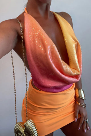 Halter Plunge Floral Skirt Set