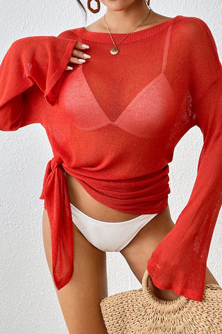 Sheer Drawstring Mesh Cover-Up Top