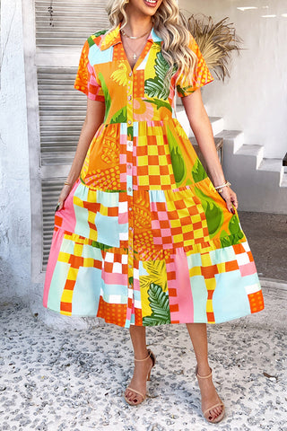 Floral Patchwork V-Neck Midi Dress