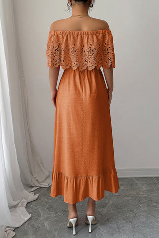 Off-Shoulder Eyelet Casual Midi Dress
