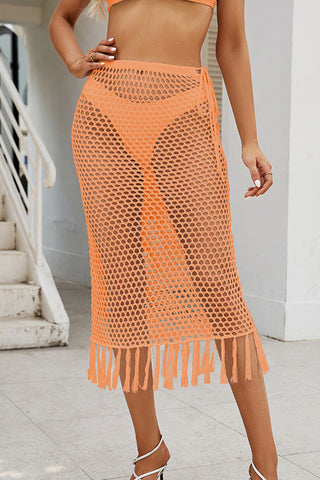 Fringed Midi Fishnet Cover-Up Skirt