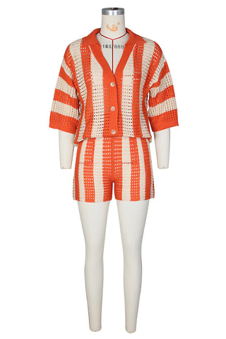 Button-Front Striped Short Set