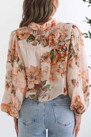 Ruffled Neck Floral Chiffon Blouse