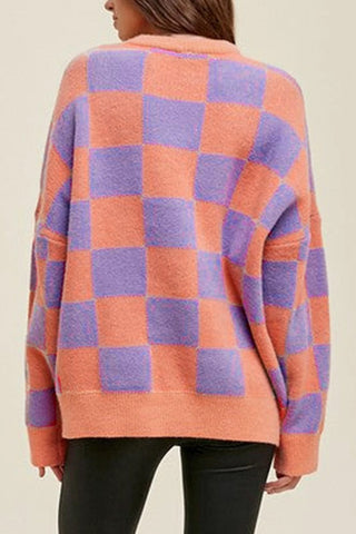 Checkered Pattern Ribbed Trim Sweater