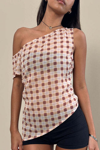 Off-Shoulder Checkered Tank Top