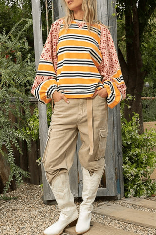 Striped and Floral Pattern T-Shirt