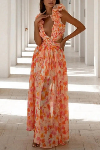 Cut-Out Floral Evening Dress