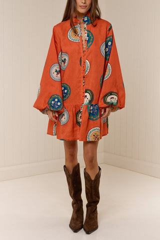 Tie-Waist Casual Dress with Artistic Print