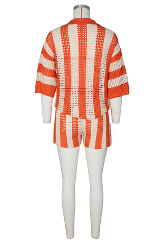 Button-Front Striped Short Set