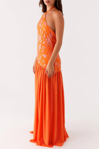Halter Neck Floral Evening Gown