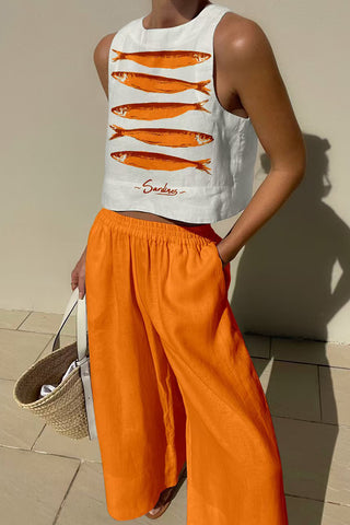 Fish Print Crop Top and Wide-Leg Pants Set
