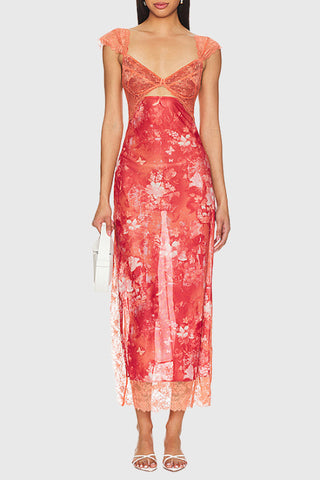 Cut-Out Floral Dress with Lace Trim