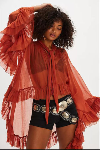 Tie-Neck Sheer Blouse with Ruffled Details