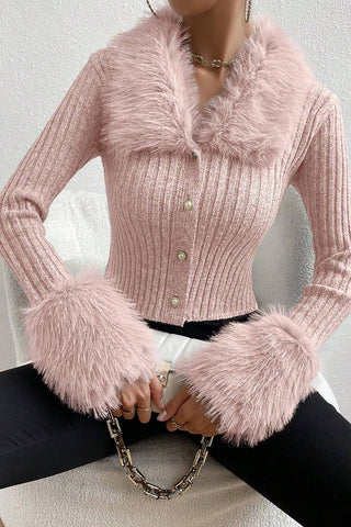 Faux Fur Trim Cardigan with Button Detailing