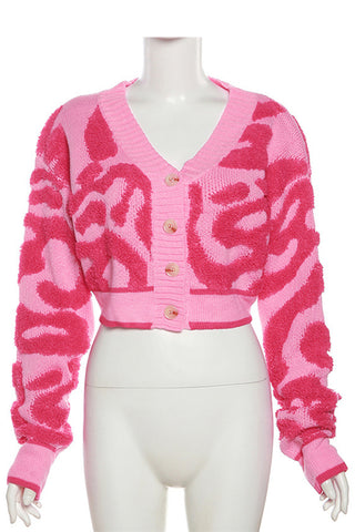 Buttoned Knit Cardigan with Artistic Pattern