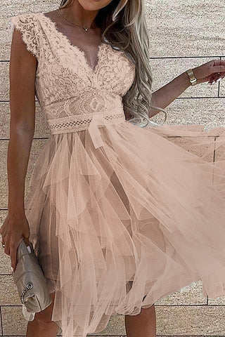 Lace V-Neck Flared Casual Dress