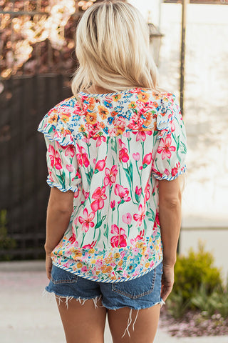 Floral Pattern Blouse with Flutter Sleeves