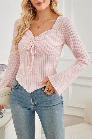 Ribbed Long-Sleeve Tie-Front Top