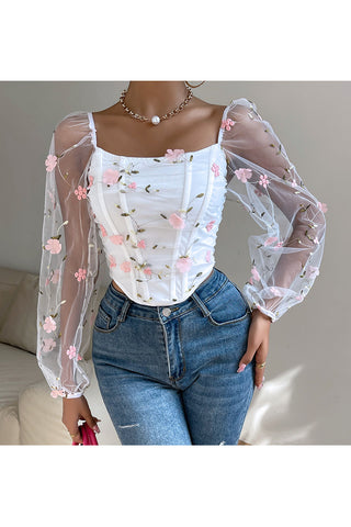 Floral Embroidered Mesh Sleeve Tank