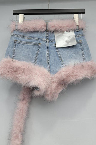 Faux Fur Trim Denim Shorts