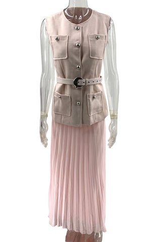 Chic Belted Skirt Set with Button Accents