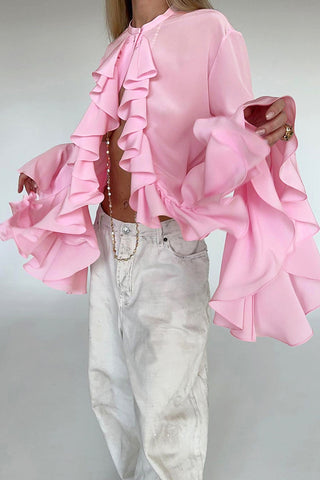Ruffled Front Blouse with Flared Sleeves