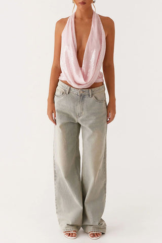 Draped Sequin Halter Top