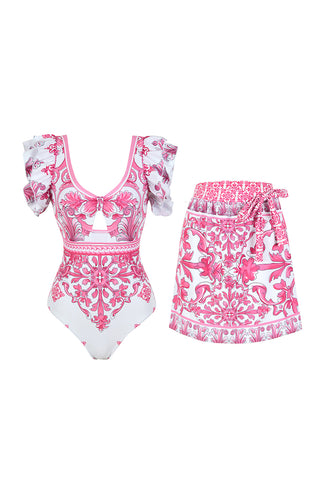 Print Ruffle Sleeve Swimsuit Set