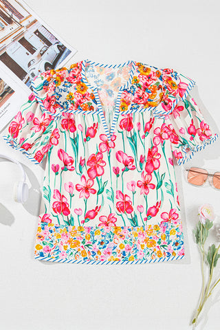 Floral Pattern Blouse with Flutter Sleeves