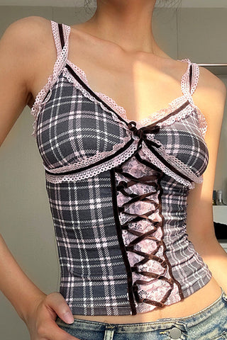 Lace-Up Plaid Camisole