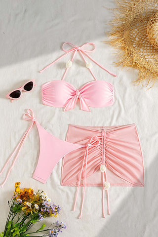 Tie-Front Bikini Set with Ruched Cover-Up