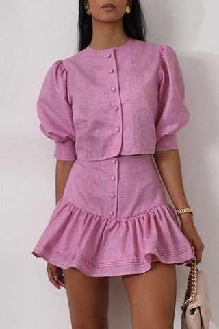 Button-Front Puff Sleeve Skirt Set