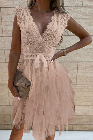 Lace V-Neck Flared Casual Dress