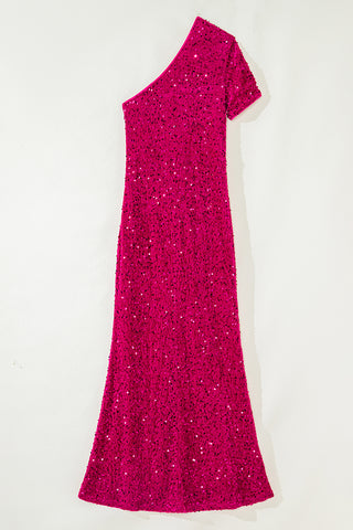 One Shoulder Thigh High Split Bodycon Sequin Gown