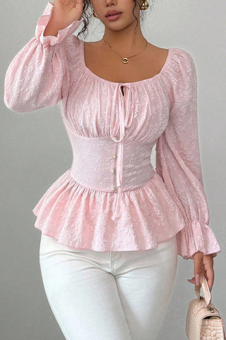 Peplum Long Sleeve Blouse with Tie-Front