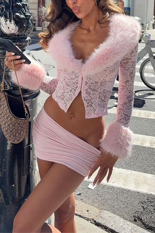 Fur-Trim Lace Skirt Set