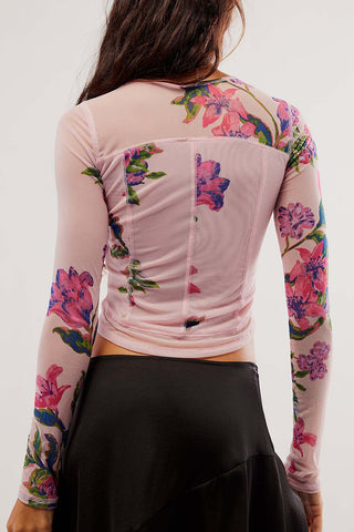 Floral Long-Sleeve Mesh Blouse
