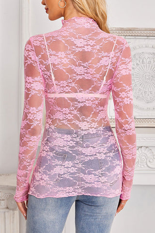 Pink Sheer Lace Long Sleeve Top