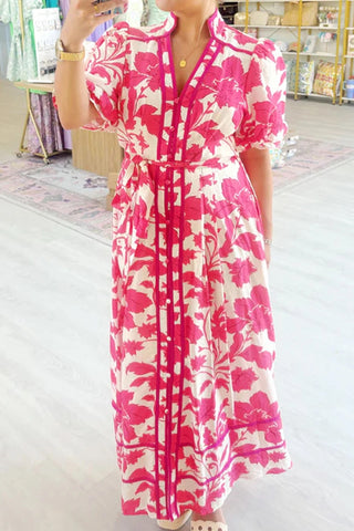 Button Front Floral Long Dress