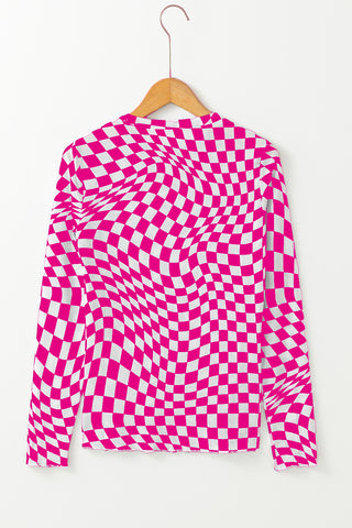 Black Checkered Pattern Mesh Mock Neck Long Sleeve Top