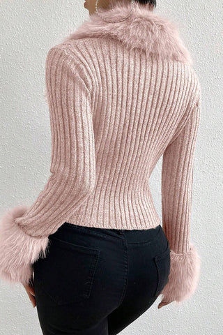 Faux Fur Trim Cardigan with Button Detailing