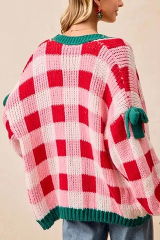 Plaid Knit Bow Knot Open Front Cardigan