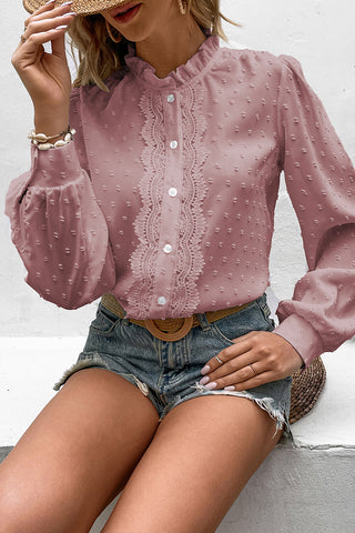 Lace Trim Button-Down Blouse