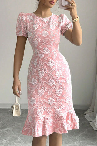 Short Sleeve Floral Textured Casual Dress