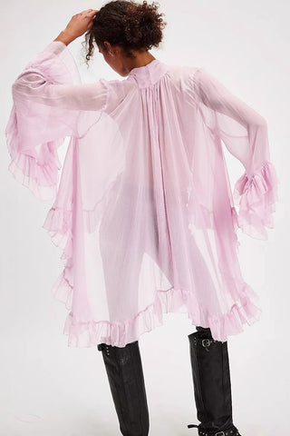 Tie-Neck Sheer Blouse with Ruffled Details