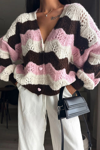 Heart Button Striped Cardigan