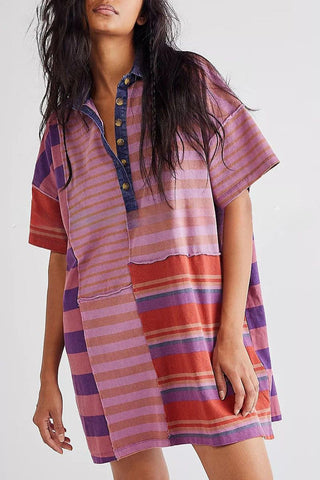 Striped Casual Belted Shirt Dress