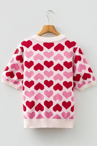 Heart Print Crew Neck Short Sleeve Sweater