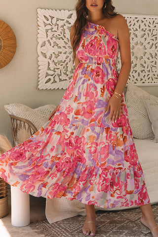 Abstract Floral One-Shoulder Maxi Dress